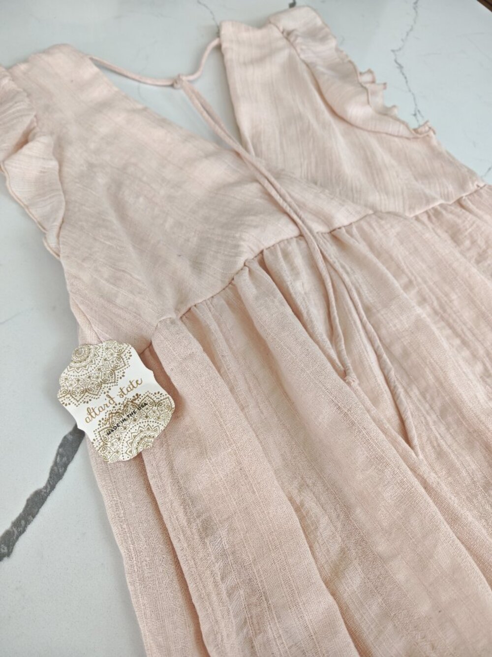 Altar’d State Blush Pink Textured Mini Dress ✨ Ruffle Sleeve Boho Babydoll Tie B - Picture 10 of 10